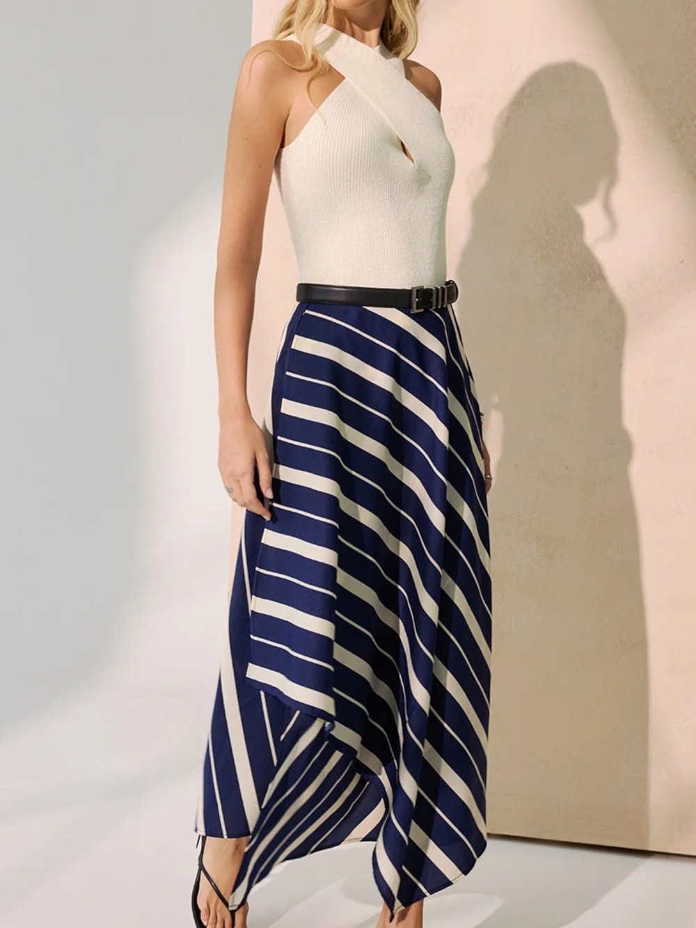 Commense Navy and White Asymmetrical Stripe Maxi Skirt NWT Small - Picture 2 of 5